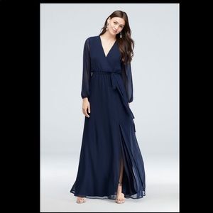 David’s Bridal DB Studio Long Sleeve Chiffon Faux-Wrap Dress, navy